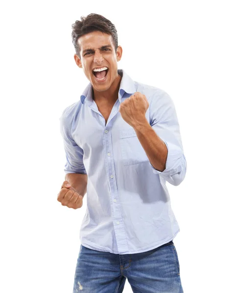 Feeling Winner Portrait Handsome Young Man Cheering Air Punching Joy — Stock Photo, Image