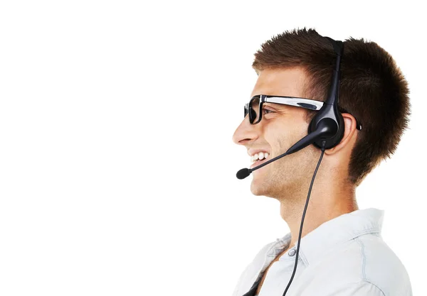 Happy Take Your Call Side View Smiling Man His Headset — Stock Photo, Image
