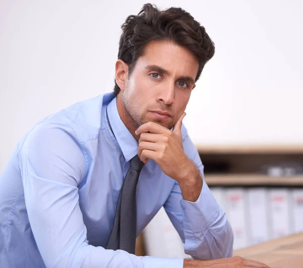 Work Takes Thought Portrait Handsome Young Man Sitting His Hand — Stock Photo, Image