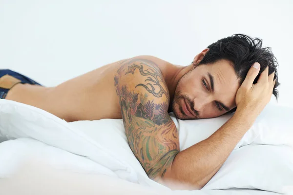 Thinking Relax Shirtless Sexy Man Lying Bed Studio White Background Stock Image
