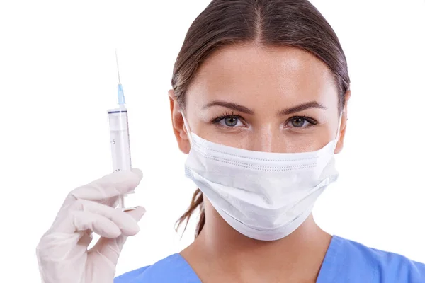 Ready Sleep Young Doctor Wearing Surgical Mask Holding Syringe — Foto Stock