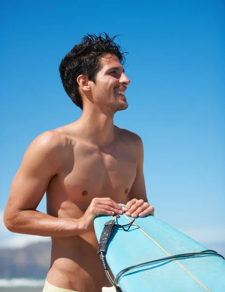 Waves Calling Attractive Young Man Getting Ready Hit Waves — Stock Photo, Image
