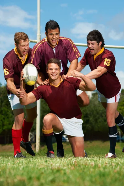 Proud Our Sports Achievements Full Length Portrait Young Rugby Team — Stock Photo, Image