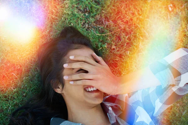 Enjoying Sun Young Woman Covering Her Eyes While Lying Grass — Stock Photo, Image