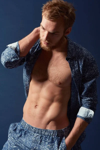 Fashion Body Muscle Man Studio Blue Background Wearing Open Unbuttoned — Stock Photo, Image