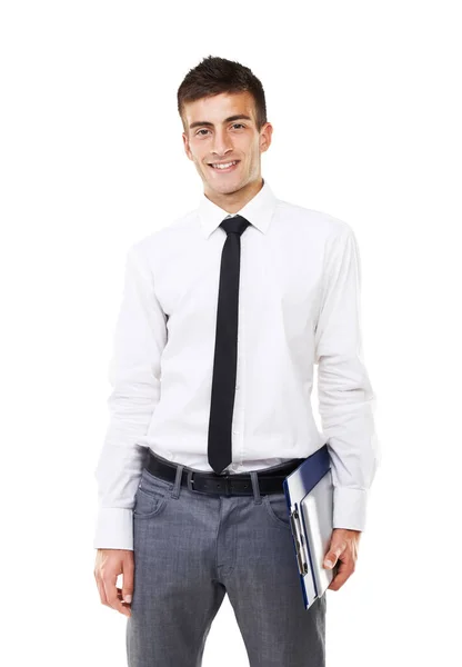 Vestido Para Trabajo Retrato Hombre Sonriente Sosteniendo Portapapeles — Foto de Stock
