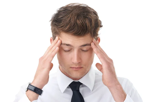 Kiedy Ból Głowy Uderza Młody Biznesmen Pocierający Skroń — Zdjęcie stockowe