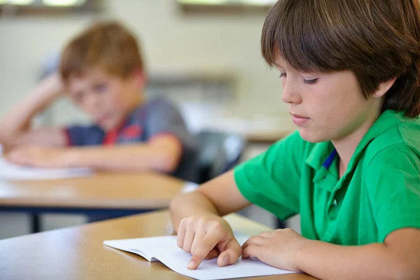 Who Ever Likes Test School Boy Sitting His Desk Writing — Stock Photo, Image