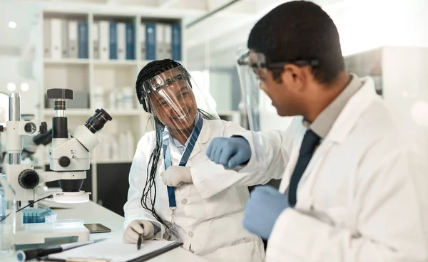 Its Always Pleasure Being Your Lab Buddy Two Scientists Bumping — Stock Photo, Image