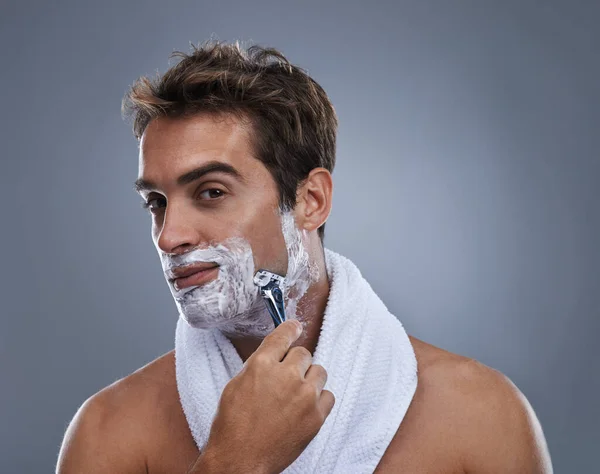 Getting Closest Shave Ever Head Shoulders Studio Shot Young Man — Stock Photo, Image
