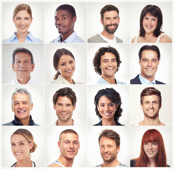 Diverse, face collage or portrait of happy people in a community group or society with headshots. Diversity, profile picture or mosaic of men or women smiling on isolated white background in studio.
