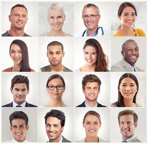 Montagem Colagem Rosto Retrato Pessoas Felizes Grupo Comunitário Sociedade Com — Fotografia de Stock