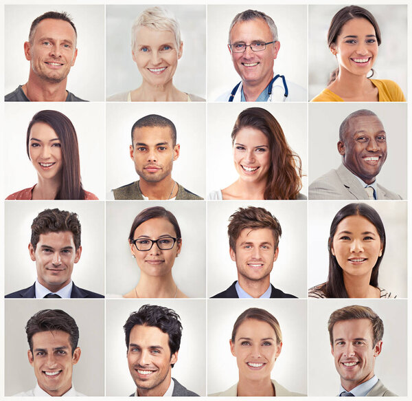 Montage, face collage or portrait of happy people in a community group or society with career success. Profession headshot, profile picture or mosaic of men or women isolated on white background.