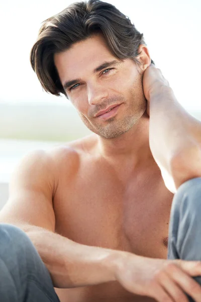 Picture Masculinity Portrait Rugged Young Man Sitting Looking Camera — Stock Photo, Image