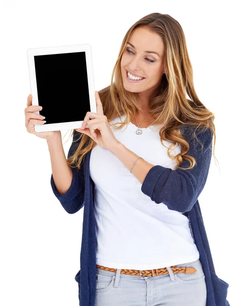 Tablet Scree Mockup Vrouw Geïsoleerd Een Witte Achtergrond Voor Website — Stockfoto