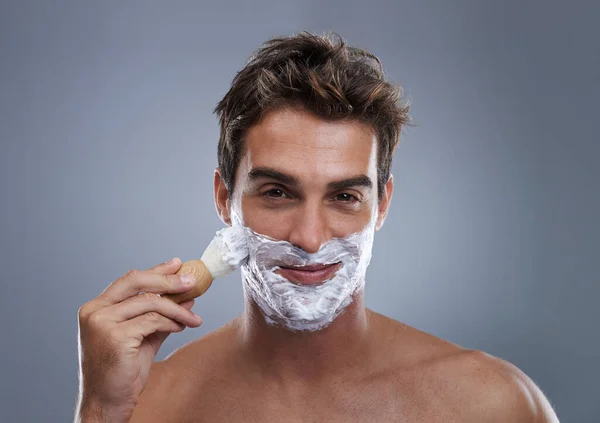 Getting Ready Smooth Shave Confident Man Applying Shaving Cream His — Stock Photo, Image