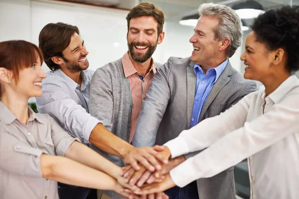 Office Unity Group Positive Looking Office Professionals Hands Huddle — Stock Photo, Image