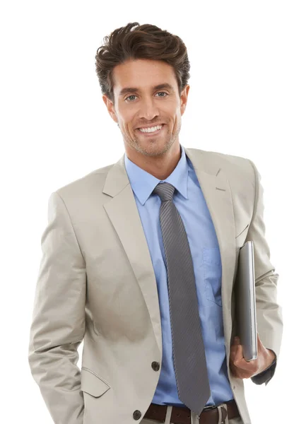 All Need Meeting Studio Shot Young Businessman Holding Laptop Isolated — Stock Photo, Image