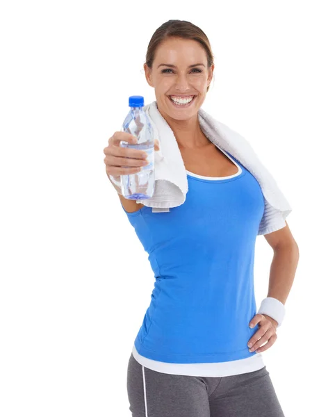 Schluck Für Schluck Gesunde Junge Frau Hält Eine Flasche Mineralwasser — Stockfoto