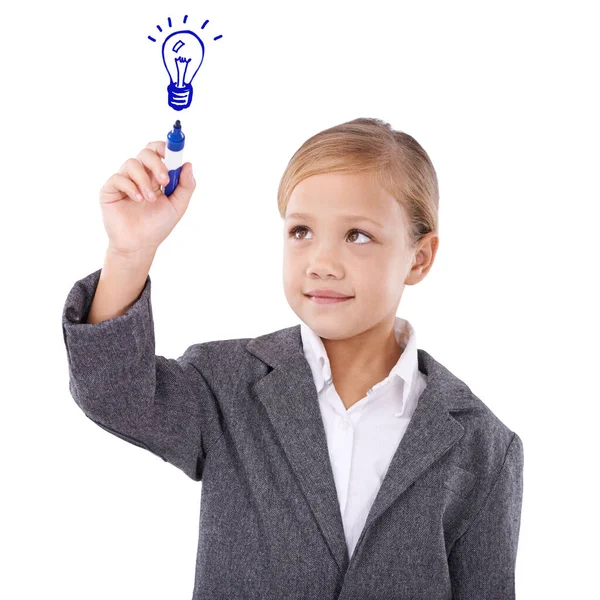 Have Brilliant Idea Adorable Young Girl Standing Drawing Lightbulb — Stock Photo, Image