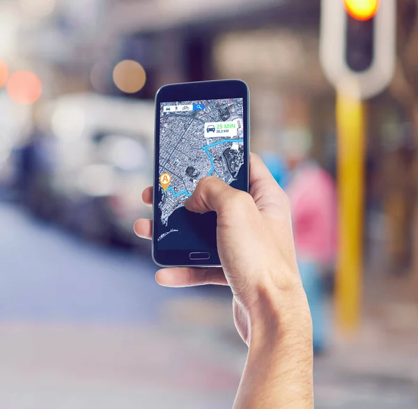 stock image Hand, maps and phone with gps in the city for travel, discovery or sightseeing direction. Technology, location and cellphone with online navigation app for trip or route in urban town street or road