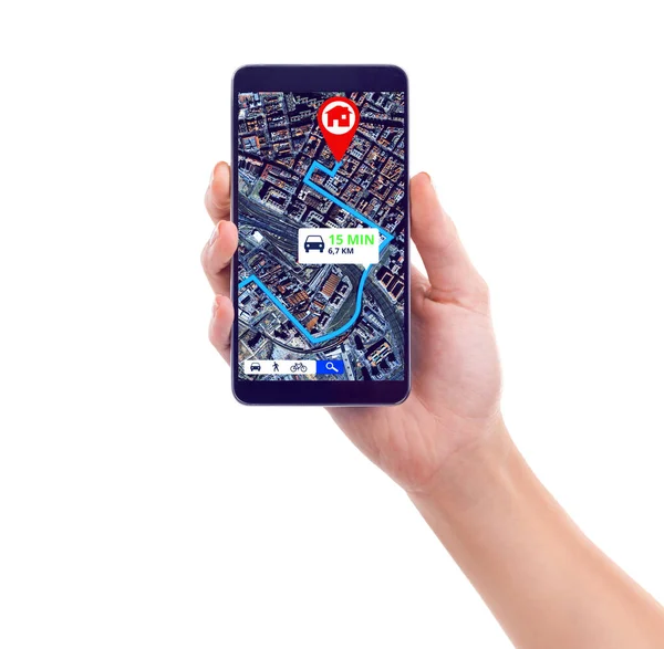 Karte Hand Der Person Mit Smartphone Und Standort Auf Digitalem — Stockfoto