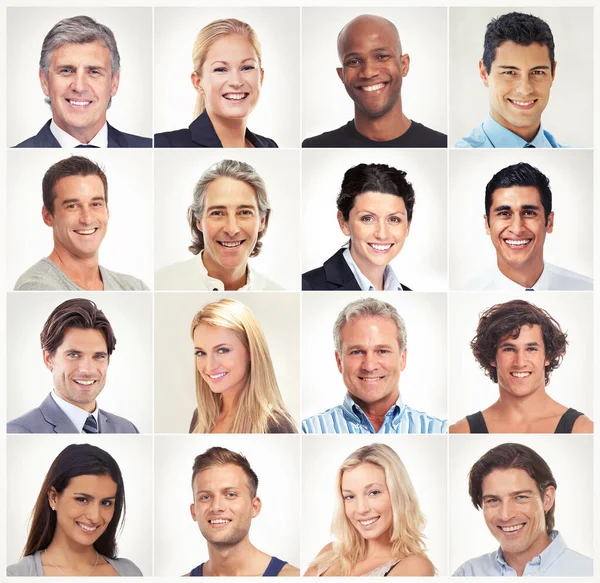 具有多样性的社区团体或国家中快乐的人的微笑 面部拼贴或肖像 因白人背景而被隔离的不同种族 侧面照片或全球马赛克的头像 — 图库照片