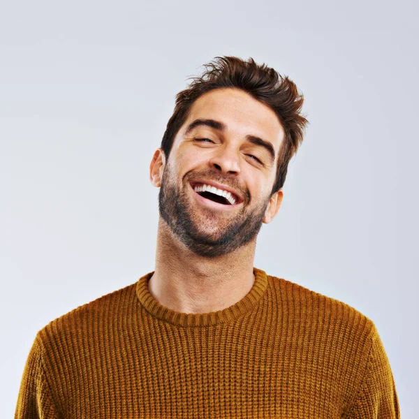 Komedie Portrett Lykkelig Mann Med Hvit Bakgrunn Smil Selvsikker Ansikt – stockfoto