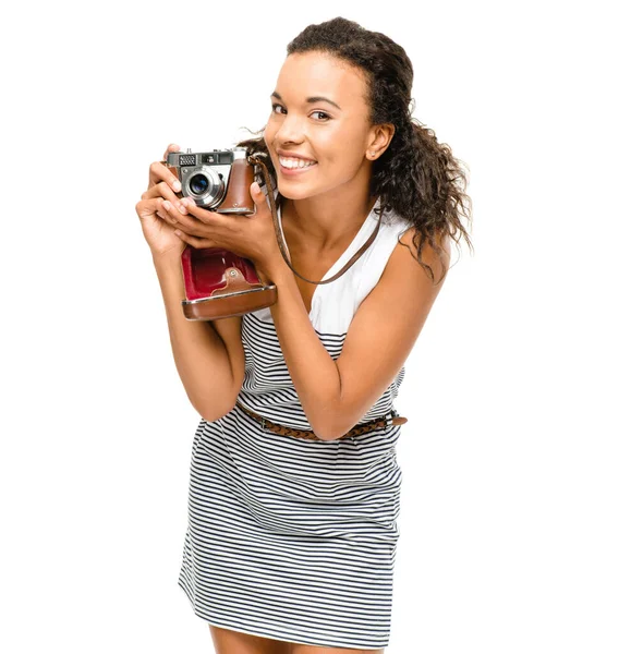 Strike Pose Young Woman Taking Photographs Studio Background — Stock Photo, Image