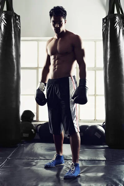 Věnuje Sportu Boxu Portrét Pohledného Mladého Boxera Stojícího Tělocvičně — Stock fotografie