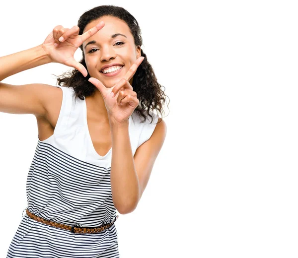 Geef Beste Glimlach Een Jonge Afrikaanse Vrouw Framing Haar Gezicht — Stockfoto