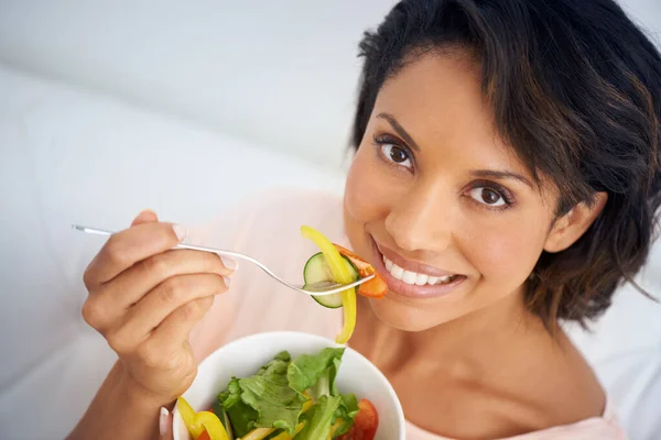 Delicious Good You Portrait Young Woman Enjoying Salad Home — Stock Photo, Image