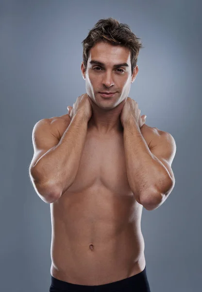 Sculpted Sensual Handsome Shirtless Man Looking Camera While Holding His — Stock Photo, Image