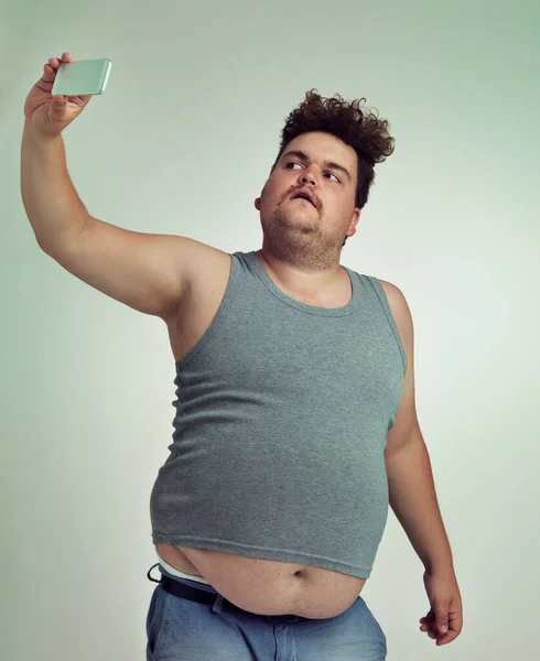 Este Mejor Ángulo Hombre Con Sobrepeso Tomando Una Selfie Desde —  Fotos de Stock