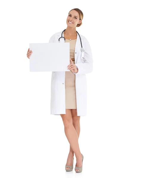 Endosso Esta Opção Uma Médica Atraente Segurando Cartaz Branco Espaço — Fotografia de Stock