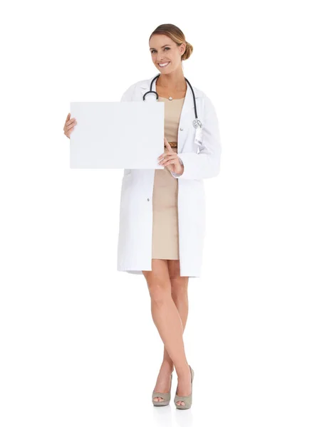 Heres Suggestion Attractive Female Doctor Holding Blank Placard Copy Space — Stock Photo, Image