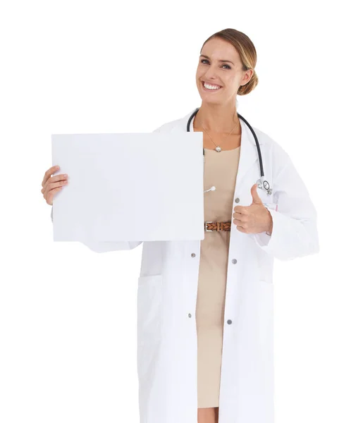 Ill Give Medical Approval Attractive Female Doctor Holding Blank Placard — Stock Photo, Image
