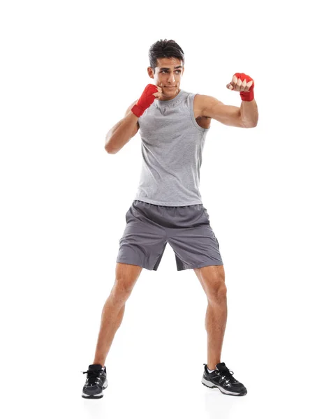 Pracuje Své Boxerské Technice Celé Tělo Hezký Mladý Kick Boxer — Stock fotografie