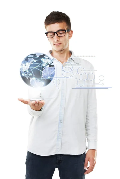 Maailma Hänen Käsissään Mies Jolla Pieni Pallo Kädessään Hipsterilasit Valkoinen — kuvapankkivalokuva
