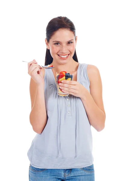 Kilo Vermek Için Mutlu Portre Kadın Meyve Salatası Bardağı Sağlık — Stok fotoğraf