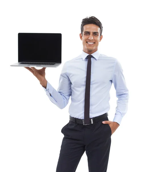 Mostre Seu Anúncio Aqui Retrato Belo Jovem Empresário Exibindo Laptop — Fotografia de Stock