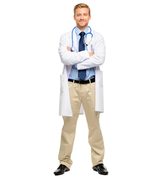 Handsome Young Doctor Posing His Arms Folded Studio Fullbody Confident — Stock Photo, Image