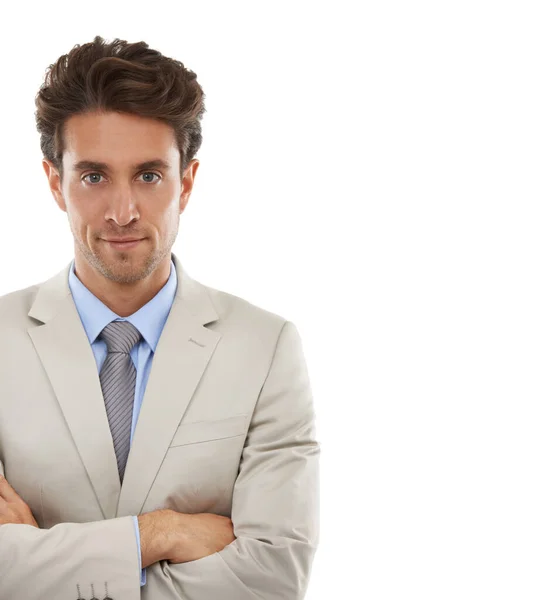 Focused Corporate Prize Studio Portrait Handsome Young Businessman Isolated White — Stock Photo, Image
