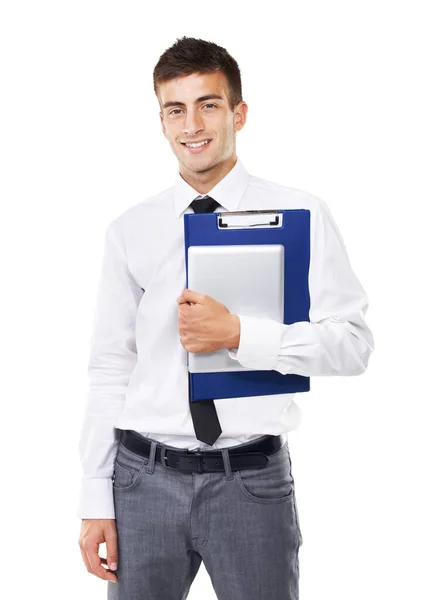 Ready Inspect Portrait Smiling Man Holding Clipboard — Stock Photo, Image