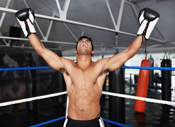 Победитель Молодой Боксер Стоящий Ринге Поднятыми Руками — стоковое фото