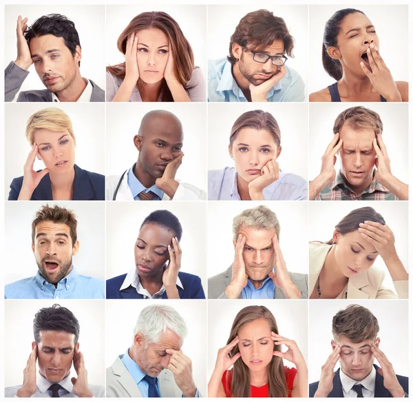Aburrido Collage Facial Personas Cansadas Con Estrés Dolor Cabeza Depresión —  Fotos de Stock