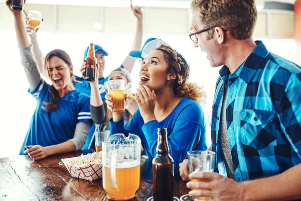 Its Game Day Get Group Friends Cheering While Watching Sports — Stock Photo, Image