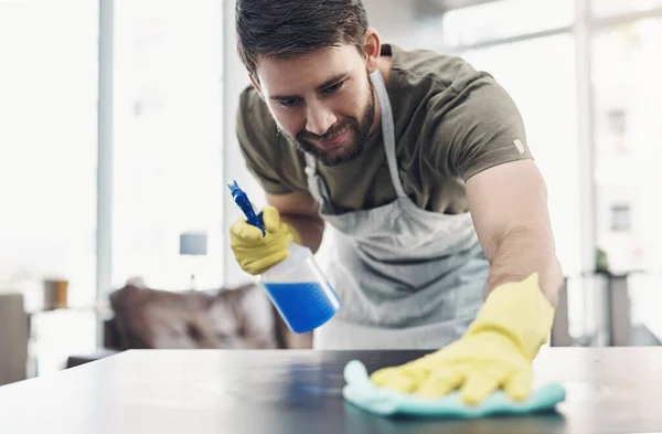 Send Those Germs Packing Young Man Disinfecting Table Home — Stock Photo, Image