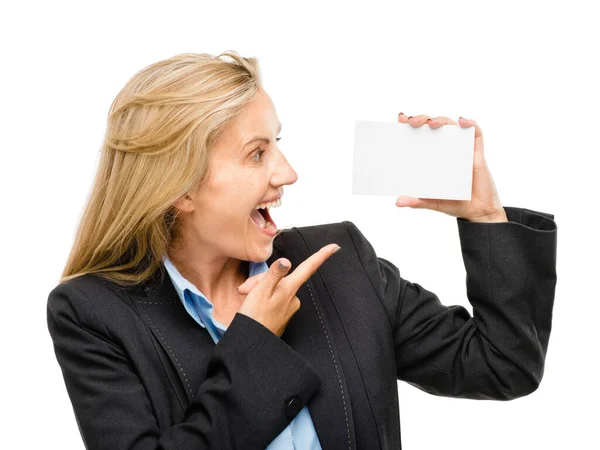 Que Excelente Trabalho Uma Empresária Madura Segurando Cartão Visita Branco — Fotografia de Stock