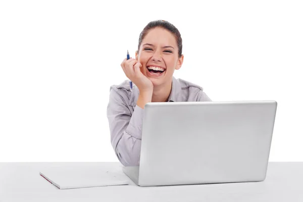 Zakelijke Vrouw Lach Laptop Door Witte Achtergrond Studio Portret Voor — Stockfoto